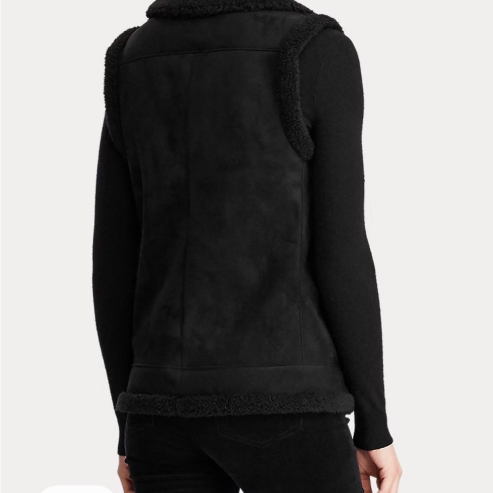 Lauren Ralph Lauren Black Shearling Moto Vest with Silver Chain Detail - Picture 3 of 12